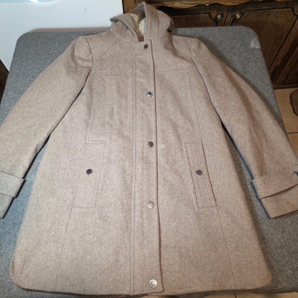 London Fog zip-front wool-blend jacket with a sherpa-lined hood Small G2
